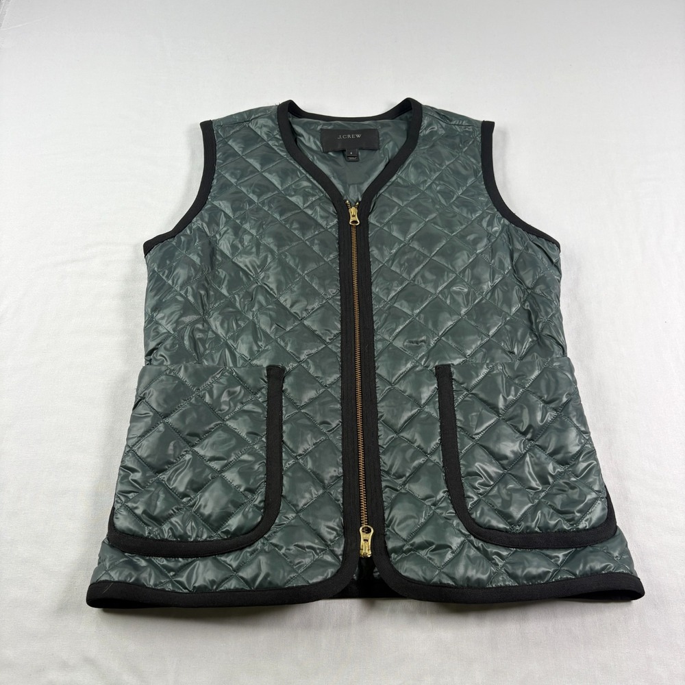 J Crew Vest Womens Small Green‎ Down Filled Shiny Quilted Full Zip